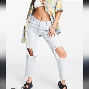 We The Free Jeans Womens 28 Blue Cropped Distressed Mid Rise Button Fly Denim